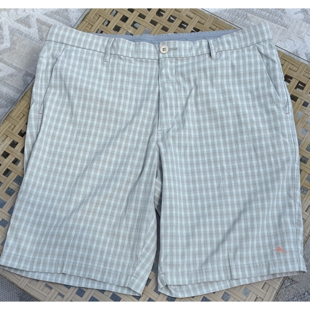 Tommy‎ Bahama Beige Plaid Nylon Spandex Stretch Chinos Golf Shorts Mens Size 38